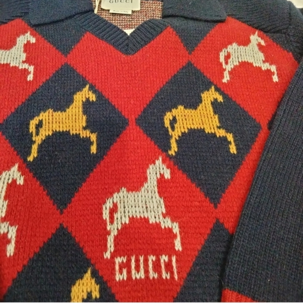 Gucci kids red blue argyle horse long sleeve polo wool sweater size 5 - Picture 3 of 12